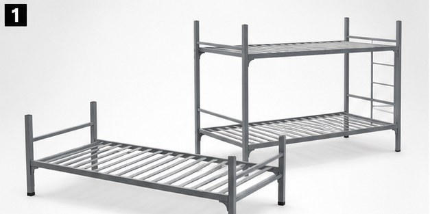 Cama institucional metálica gris — configuración individual y camarote apilado