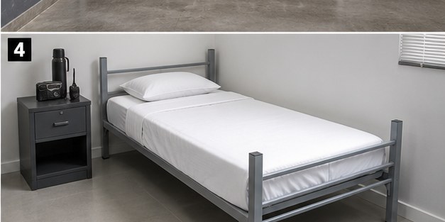 Cama metálica gris individual con radio y velador