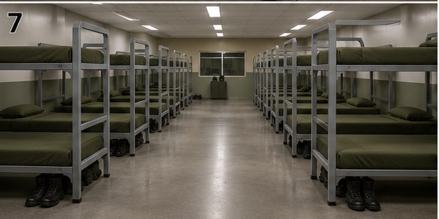 Dormitorio de cuartel con camarotes militares en fila