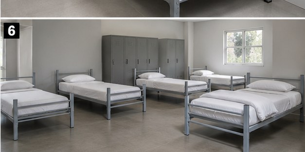 Dormitorio institucional con lockers y camas grises